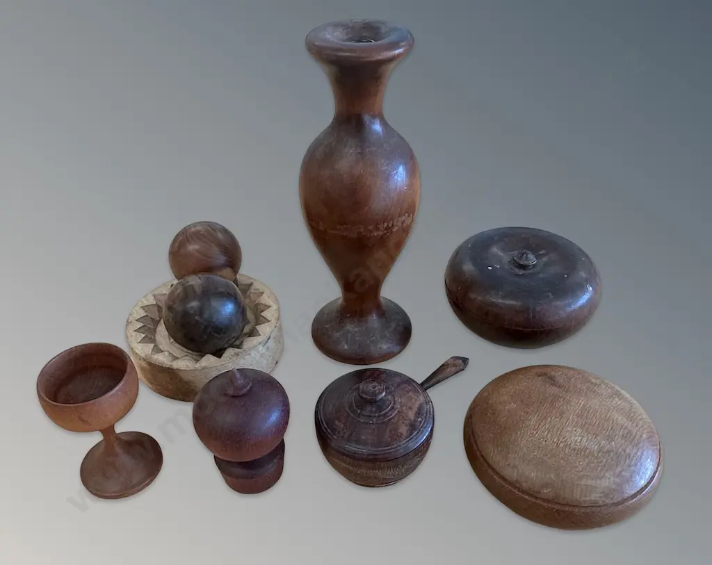 Assorted Wooden Handcrafted Lidded Containers, Egg Cups, Balls and Salt Cellar Image 1++