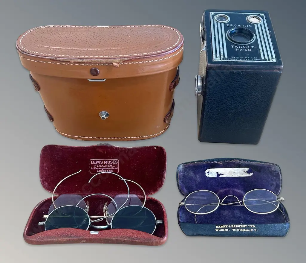 Brownie Box Camera, Leather Cased Field Binoculars and 3 Pairs Vintage Spectacles Image 1++