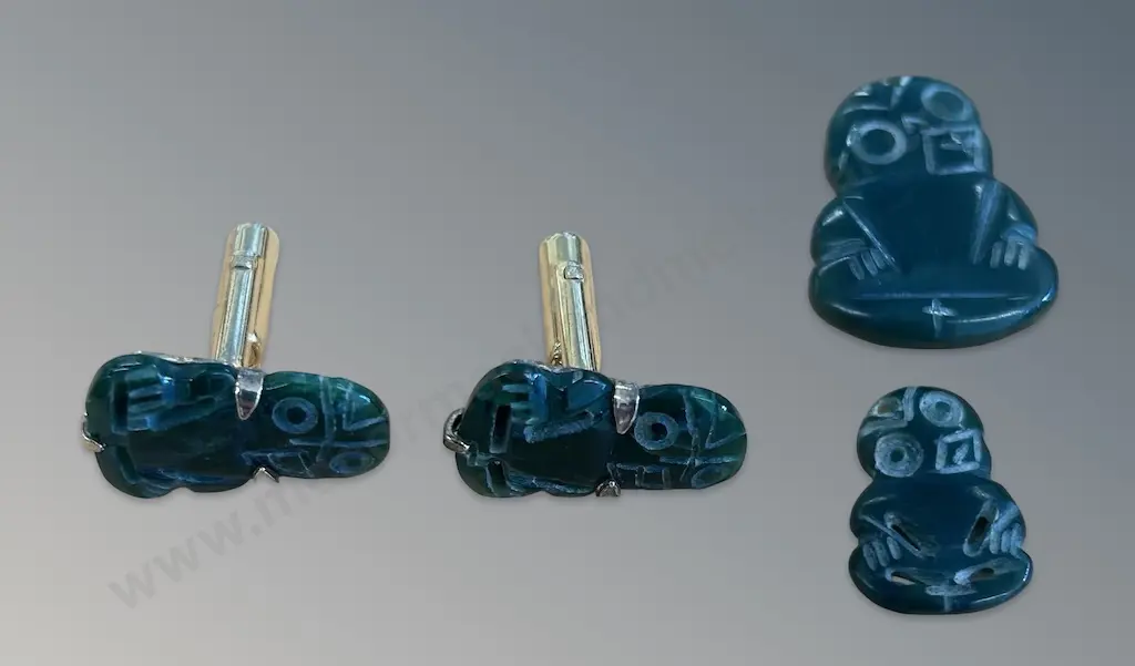 Pair of Greenstone Tiki Cufflinks and 2 small Greenstone Tiki Pendants Image 1++