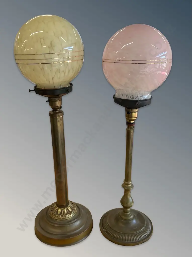 Two Art Deco Brass Table Lamps with Glass Globe Shades, H55cm, 52cm Image 1++
