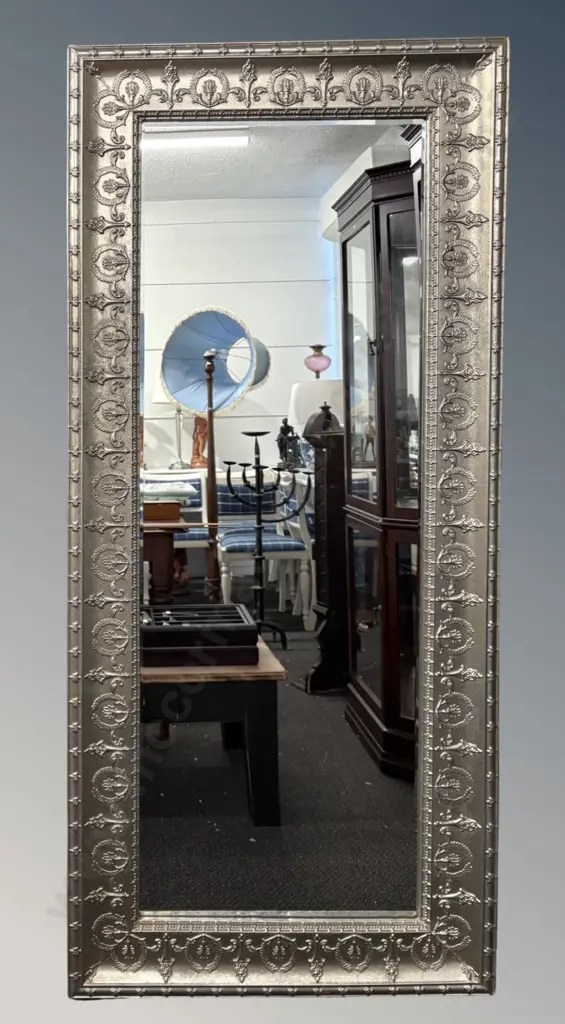 Large Rectangular Silver Floral/Torch Embossed Wall Mirror with Beveled Edge Glass 188x83cm Image 1++