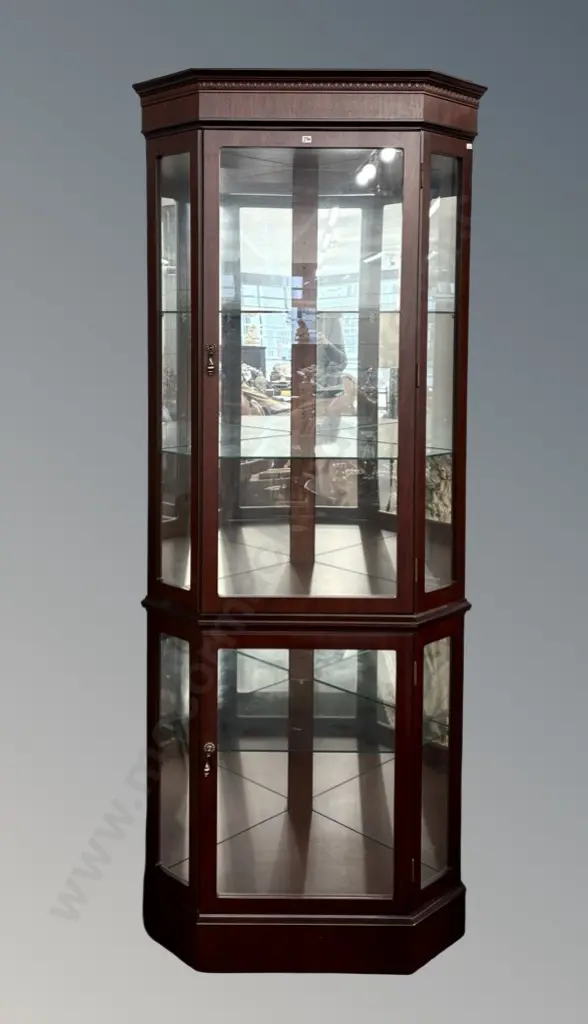 Mahogany Glazed Two Door Corner Display Cabinet with Glass Shelves H197xW77cm Image 1++