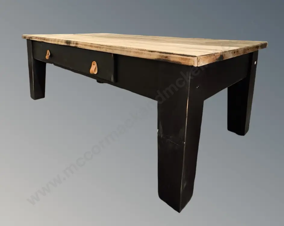 Pine Wash Coffee Table with Black Painted Base, Single Drawer with Leather Handle, L119xW67xH4cm Image 1++