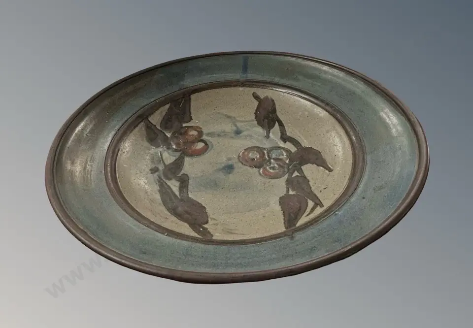 NZ Pottery Shallow Bowl with Handpainted Berries and Leaf Motif, D41cm Image 1++