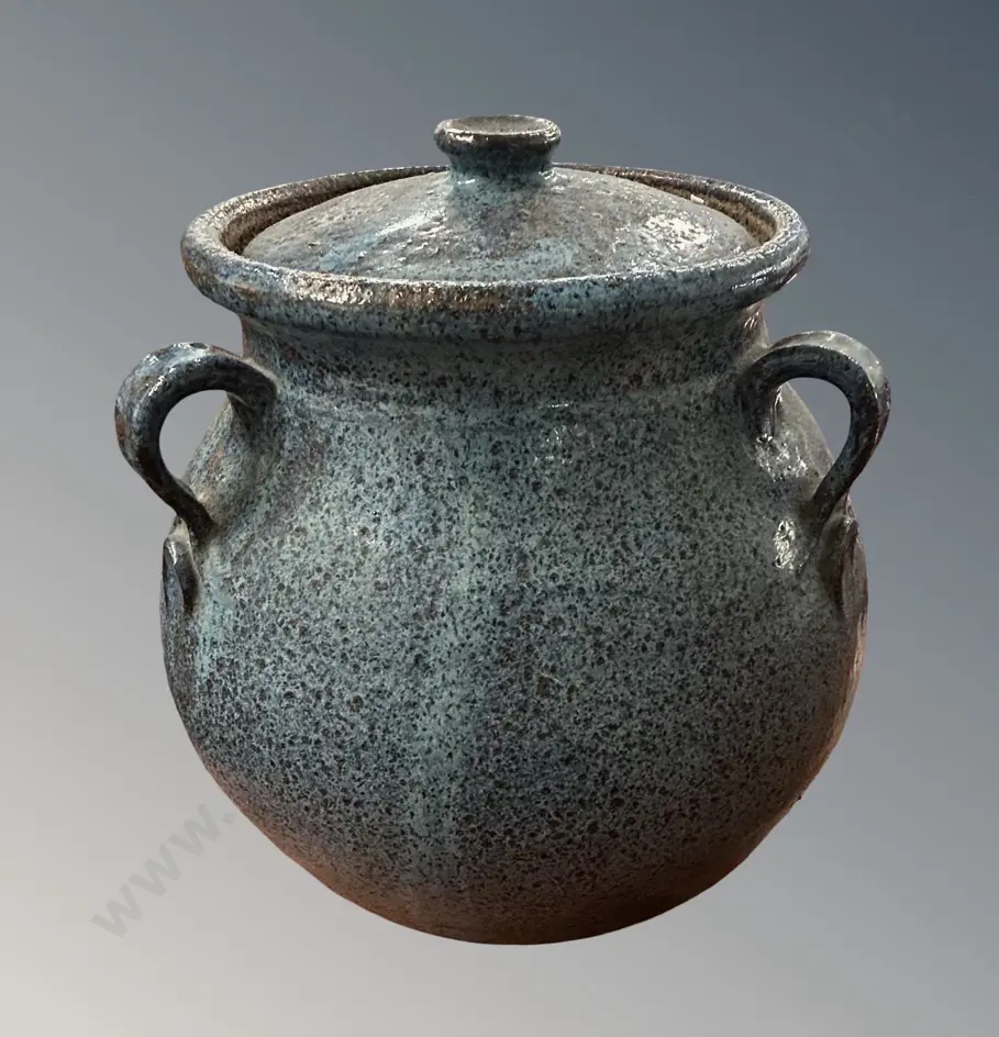NZ Pottery Lidded Pot with Speckled Blue Glaze, Impressed Mark on Base, H23cm Image 1++