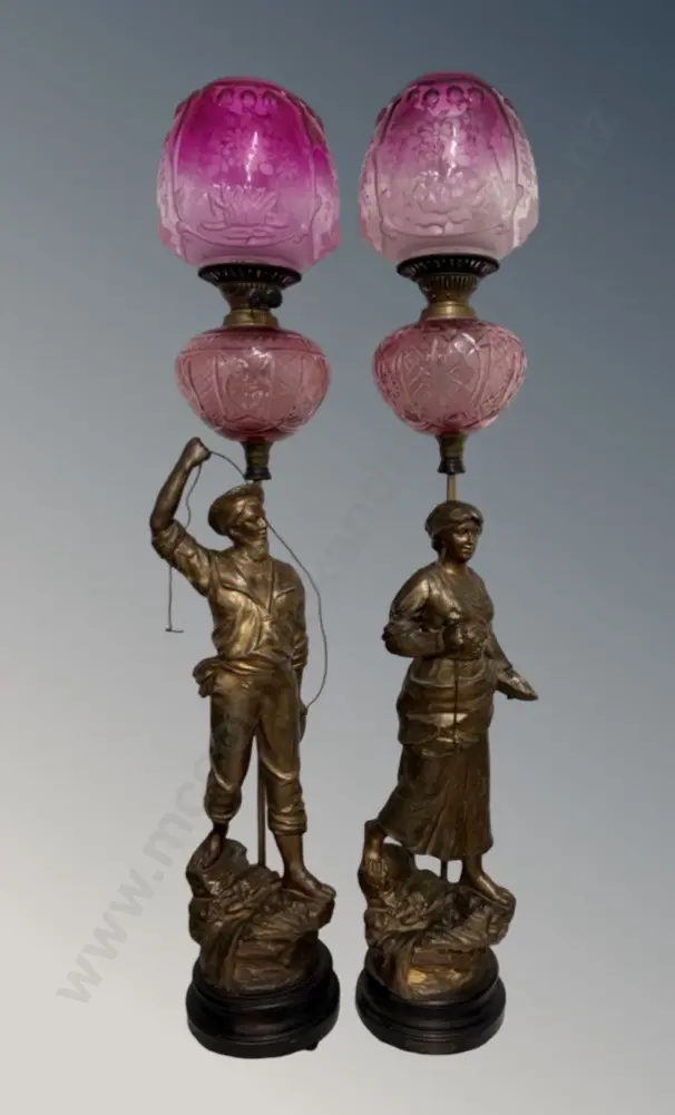 Pair of Large Kerosine Lamps with Bronze Coloured Spelter Bases featuring a French Fisherman & Fisherwoman with Image 1++