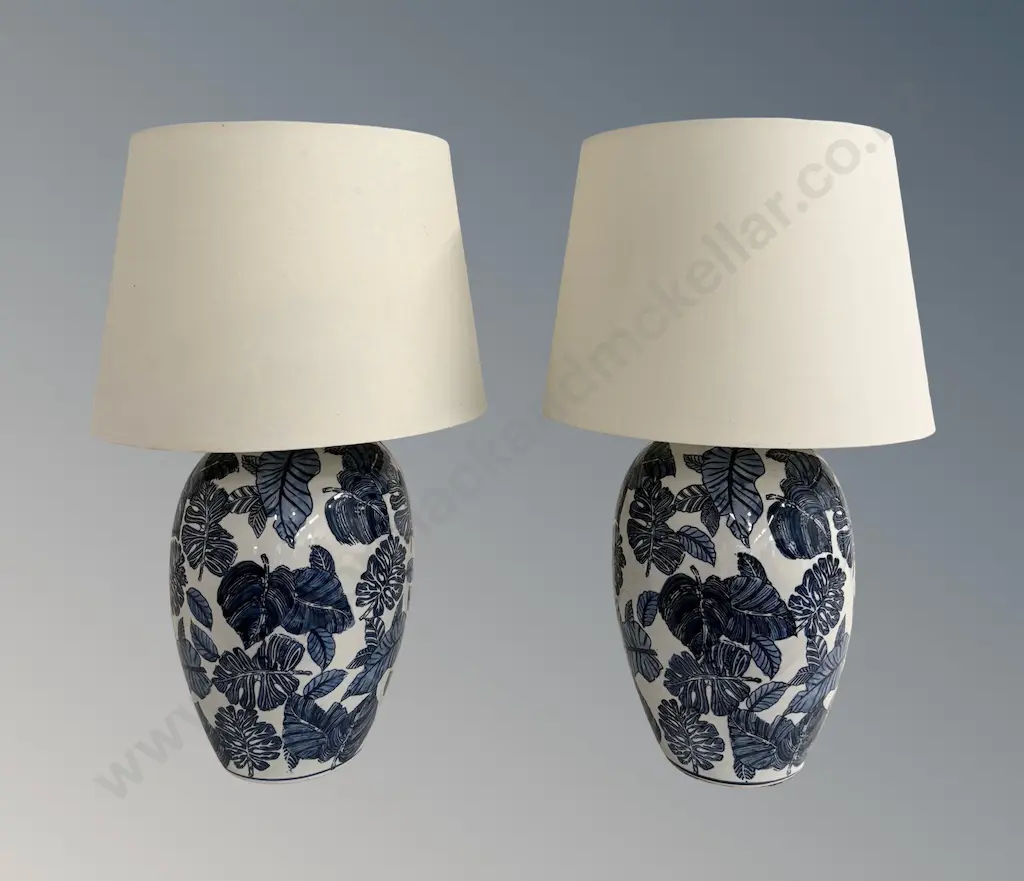 Pair of Blue and White Porcelain Lamp Bases with Leaf Motifs with Shades, H59cm (incl shade) Image 1++