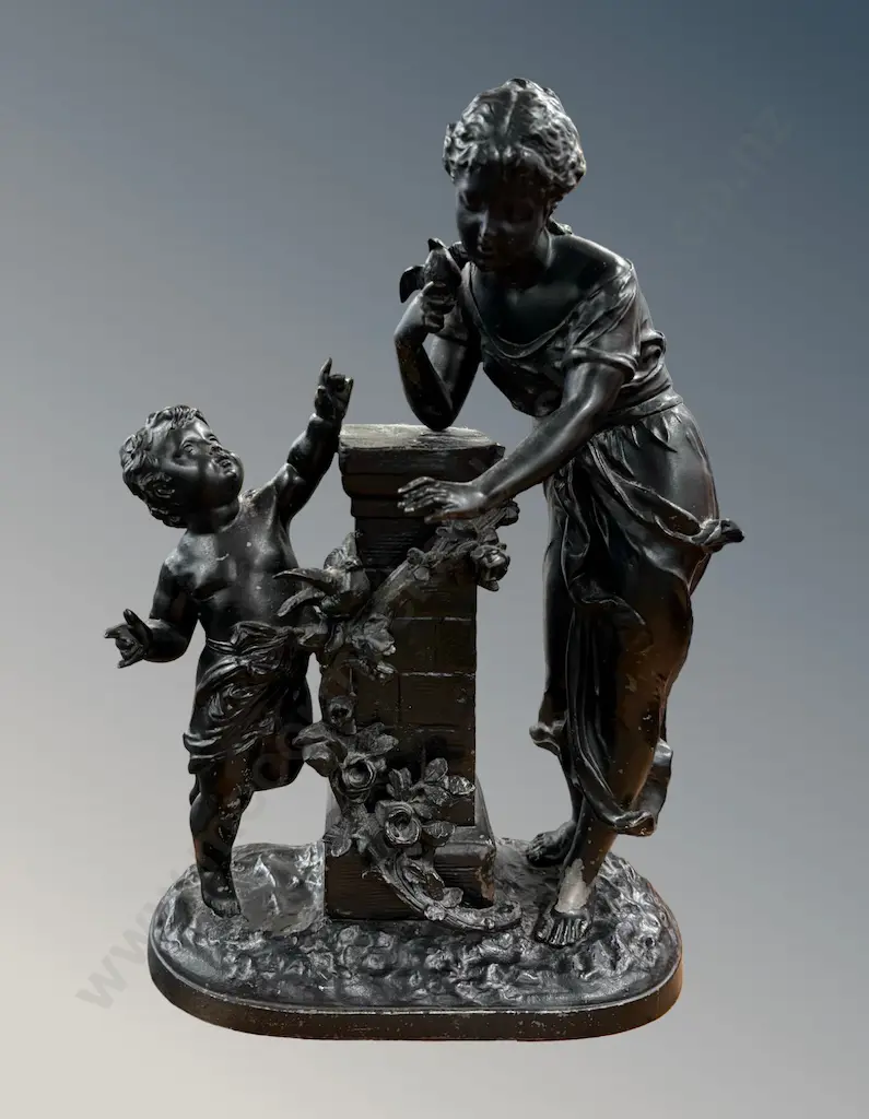 French Black Spelter Sculpture featuring a Woman and Child, H37cm Image 1++