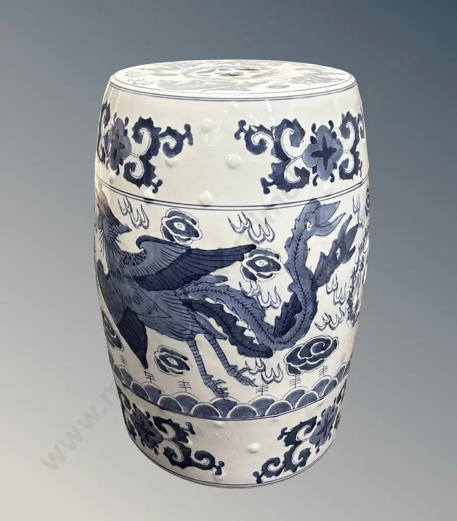 Blue and White Porcelain Stool, Dragon Chasing Pearl Motif, H46xDia29cm (top) Image 1++