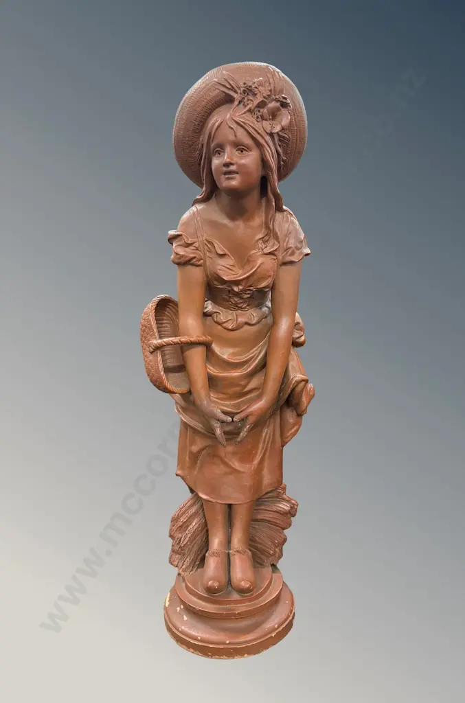 French Terracotta Sculpture of a Young Girl with a Basket, H68cm Image 1++
