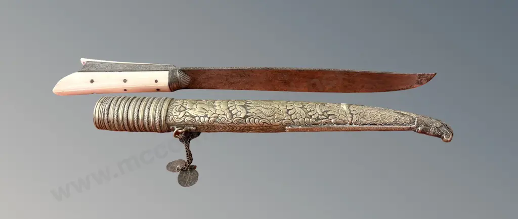 Cretan Knife with Silver and Bone Handle with Silver Snake and Floral Sheath, L42cm Image 1++