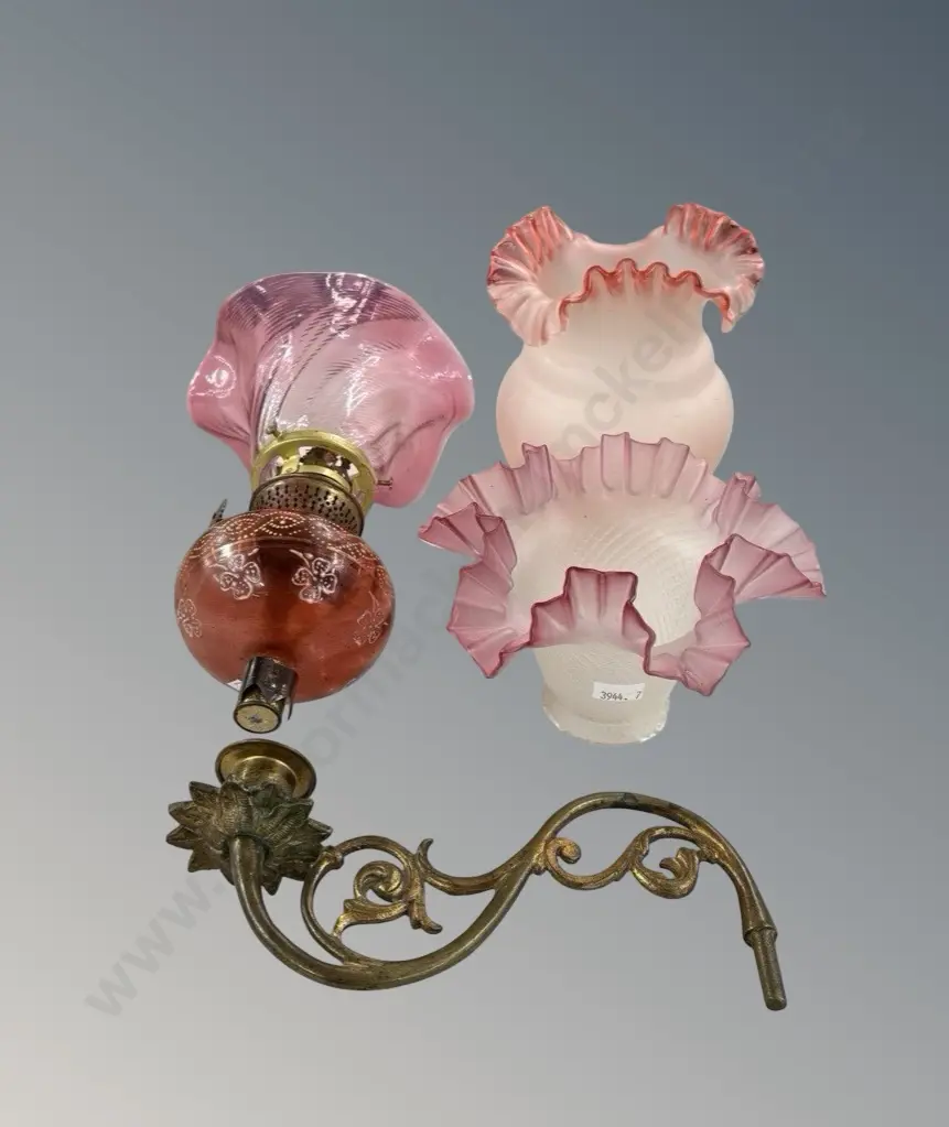 Wall Mounted Oil Lamp with Pink Ruffled Cranberry Glass Shade, and 2 Glass Ruffled Edge Shades and Brass Wall Sconce Image 1++