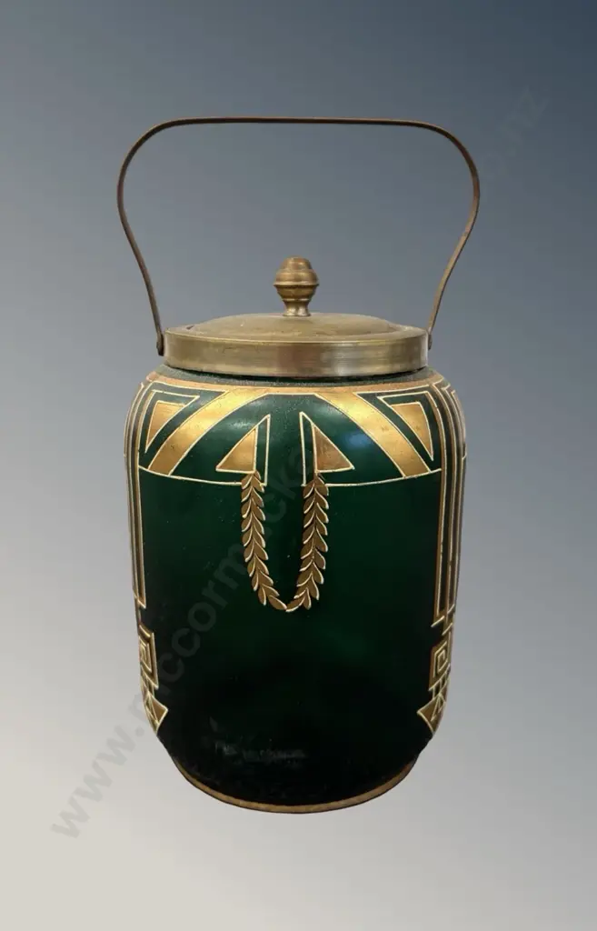 Art Deco Gilded Green Glass Biscuit Barrel, H20cm, AF crack to base Image 1++