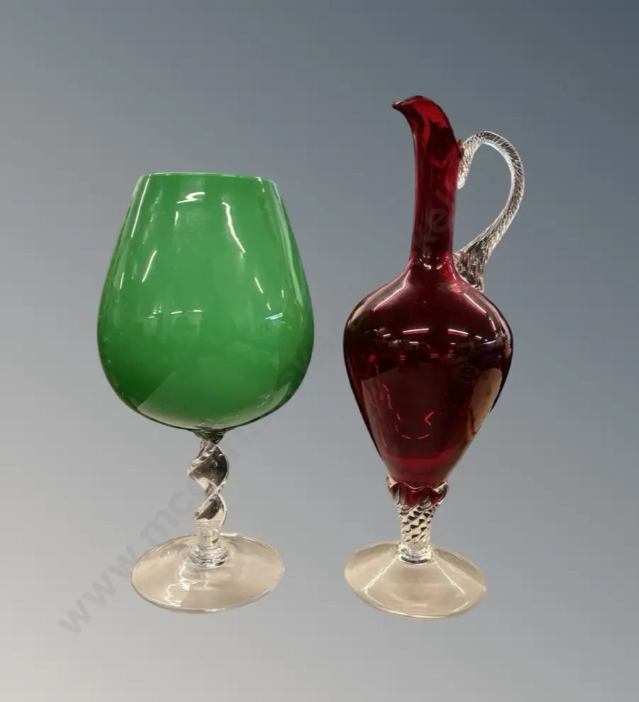 Ruby Glass Ewer, H38cm and Green Glass Vase, 32cm Image 1++