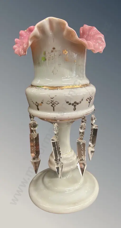 Milk Glass and Pink Ruffle Lustre Vase, H33cm Image 1++