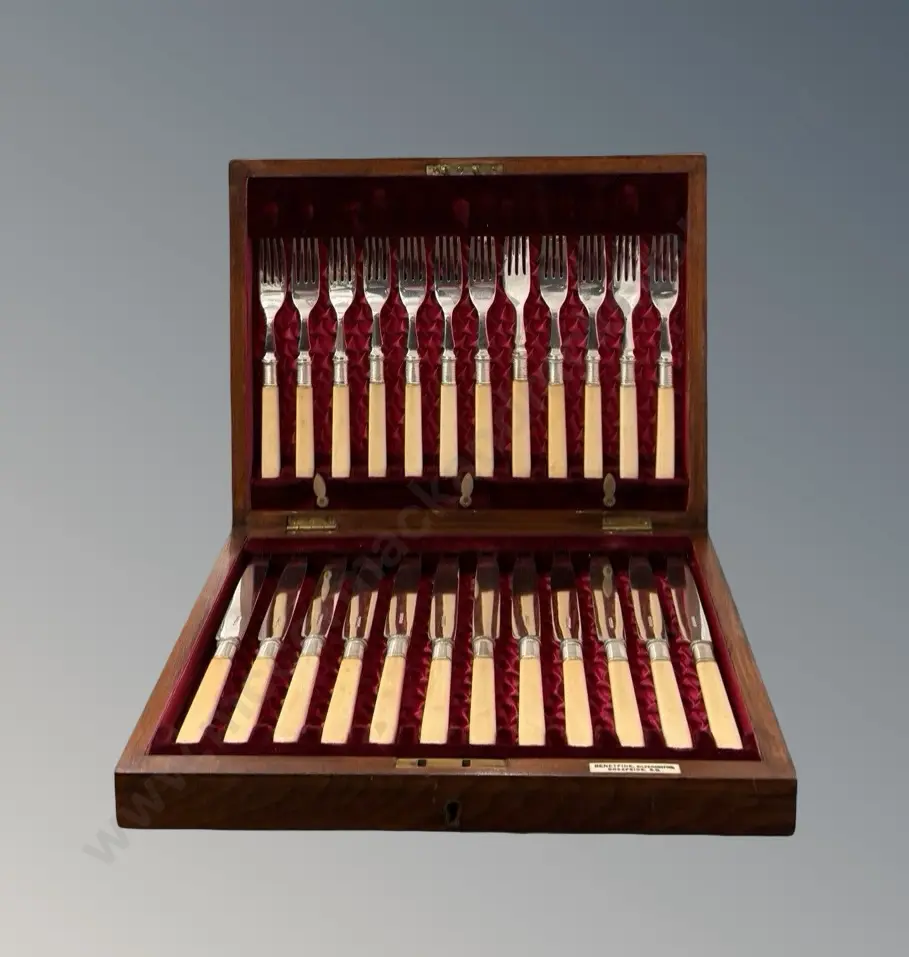Mahogany Cased Set of Bone Handled Fish Knives & Forks -12 Place Setting Image 1++