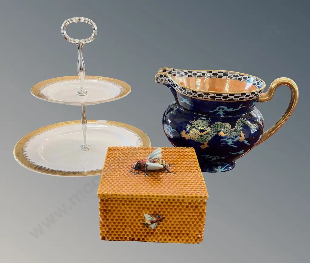 Two Tiered Gilt Edged Plates, Stoke on Trent  Gilt and Blue Jug and Bee Lidded Container, AF to Bee container Image 1++