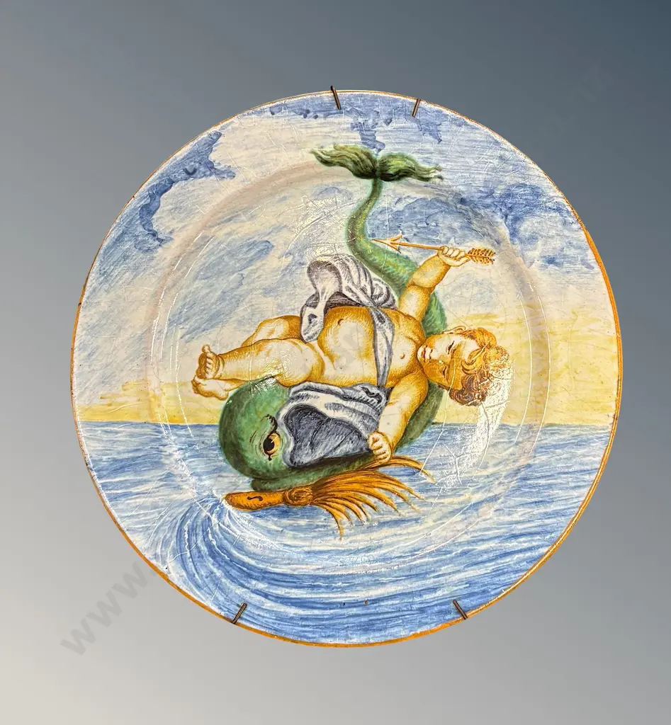 Signed Mollica Polychrome Plate with Cherub and Dolphin D25cm Image 1++