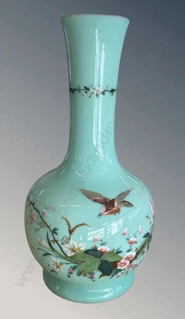 Chinese Green Glass Lamp Base with Flowers, Birds and Butterflies Motifs, H34cm, AF Chip to rim Image 1++