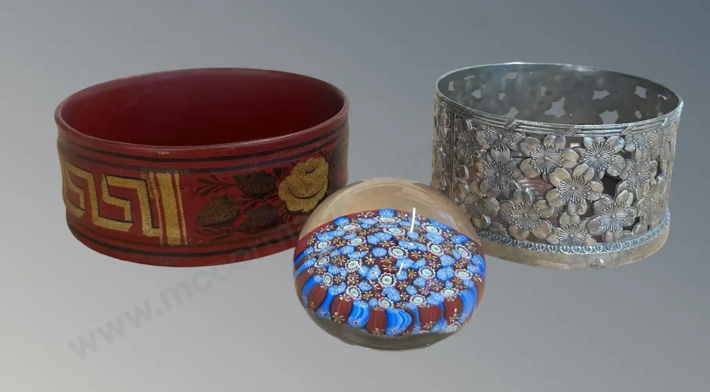 Silver Coaster, Red and Gold Coaster and Mina Flora Glass Paperweight Image 1++