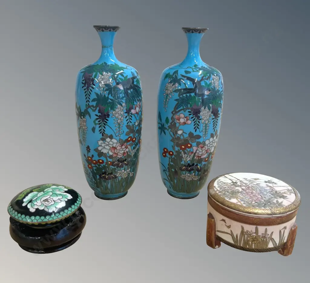Pair of Blue Cloisonne Vases, H16cm, Lidded Container and Satsuma Lidded Container AF Image 1++