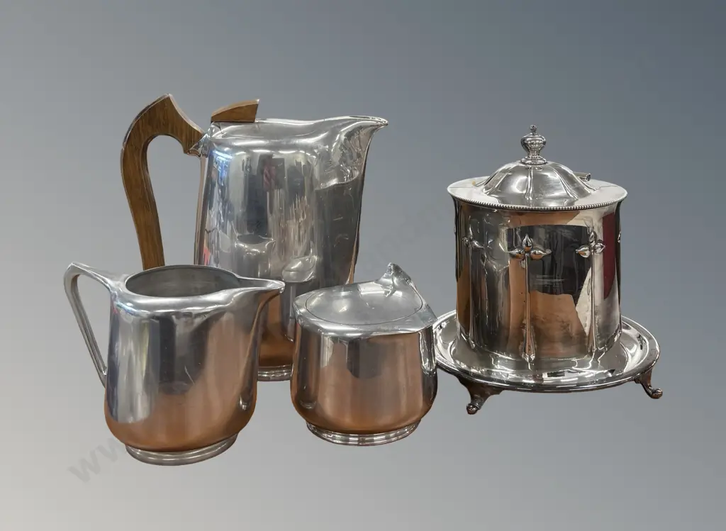 Silver Mid Century Coffee Pot and Creamer and Silver Plated Biscuit Barrel Image 1++