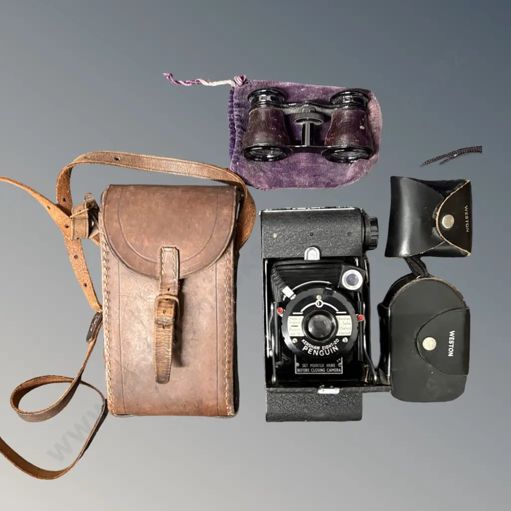 Kershew Eight-20 Penguin Folding Camera in Leather Case, Weston Light Meter & Japanese Opera Glasses Image 1++