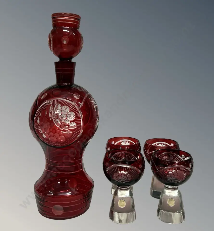 Romanian Ruby and Clear Glass Decanter Set with Four Glasses Image 1++