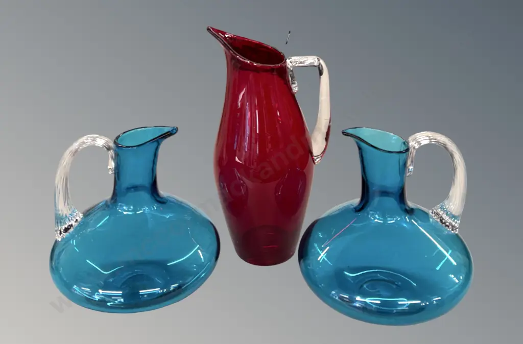 Three Whitefriars Jugs - Two Aqua Blue and One Red H17cm - H23cm Image 1++