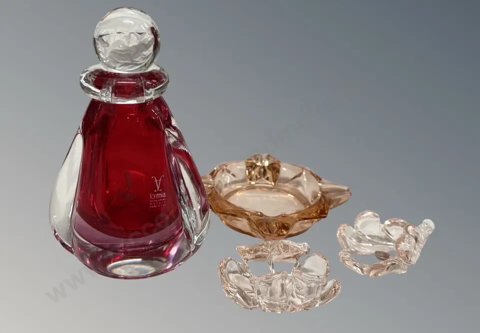 Murano Formio Red Glass Stoppered Bottle (AF Stopper), two Murano Peach Flower Forms and French Glass Ashtray Image 1++