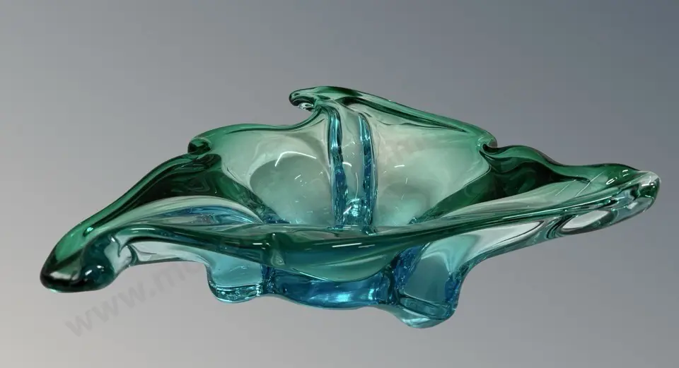 Murano Green and Aqua Glass Wavy Edge Bowl D24cm Image 1++