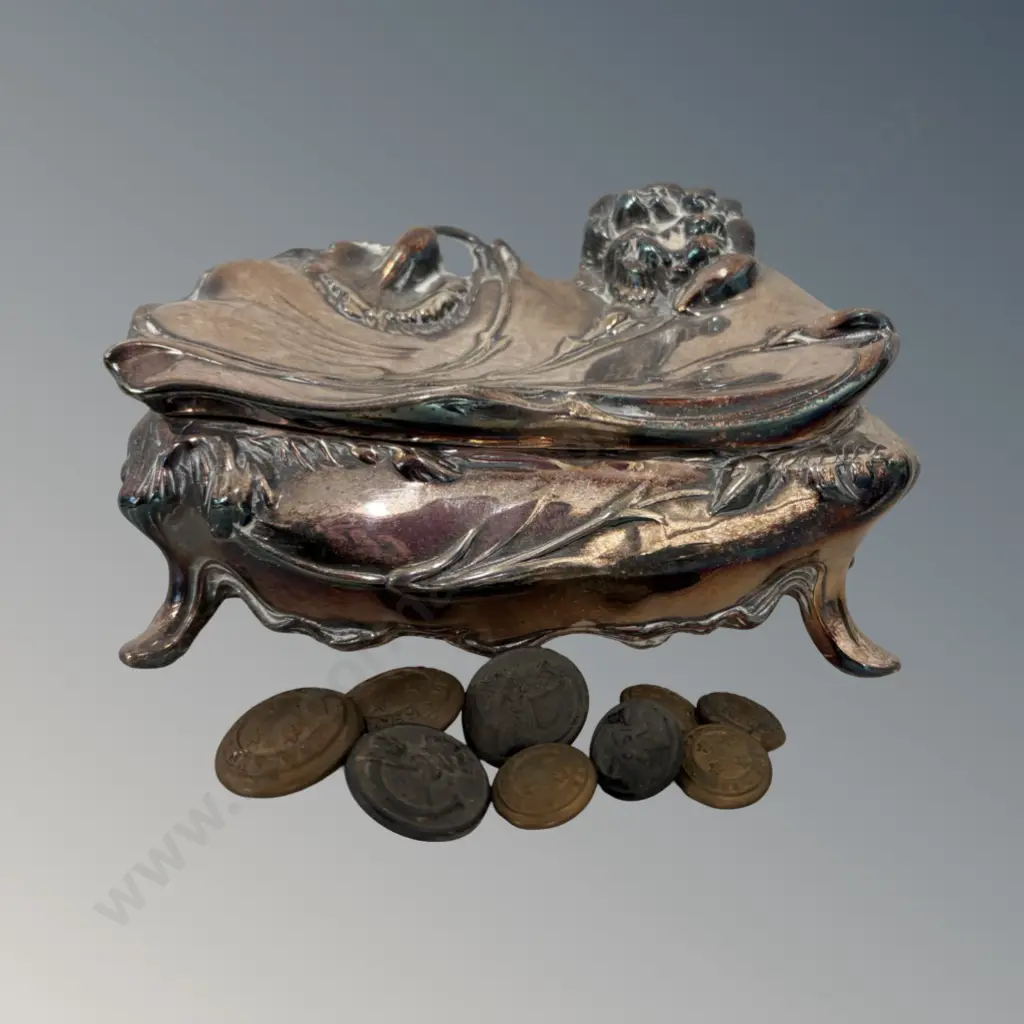 Silver Art Nouveau Floral Footed Jewellery Box L16xD9cm and Military Buttons Image 1++