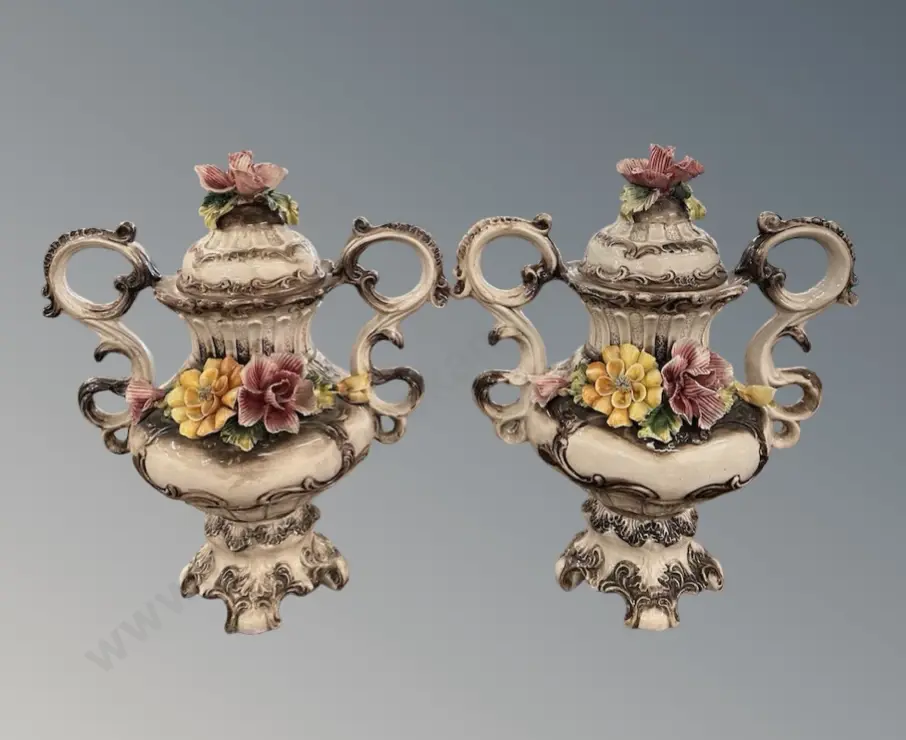Pair of Italian Handpainted Glazed Lidded Urns, H36cm Image 1++