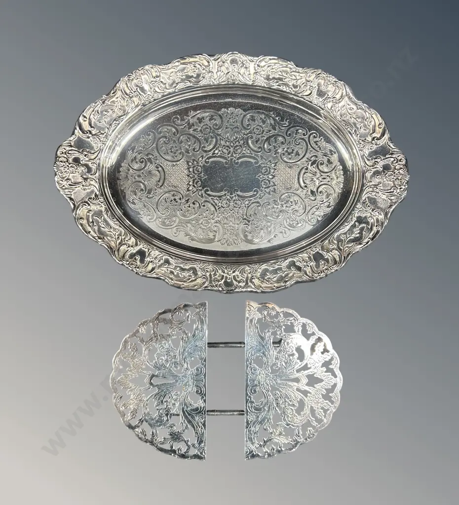 Silver Plate Expandable Hot Plate Stand & Ornate Oval Tray D45cm Image 1++