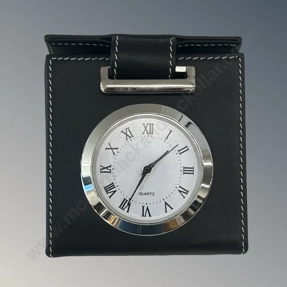 Black Leather Cased Quartz Travel Clock Image 1++