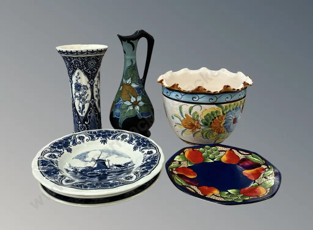 Delfts Boch Vase H26cm, Schoonhoven Jug H30cm three Delfts Blue and White Bowls, Italian Hand Painted Jardiniere & Fruit Image 1++