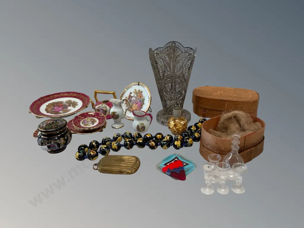 Limoges Miniatures, Silver Filigree Vase, Cloisonne Beads, Gilt Mirror, Boxed Miniature Decanter Set Image 1++