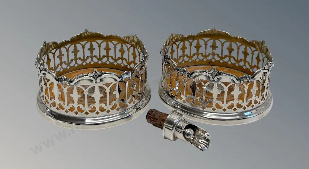 Pair of Silver Plate Bottle Coasters and Boxed Asprey Bottle Stopper Image 1++