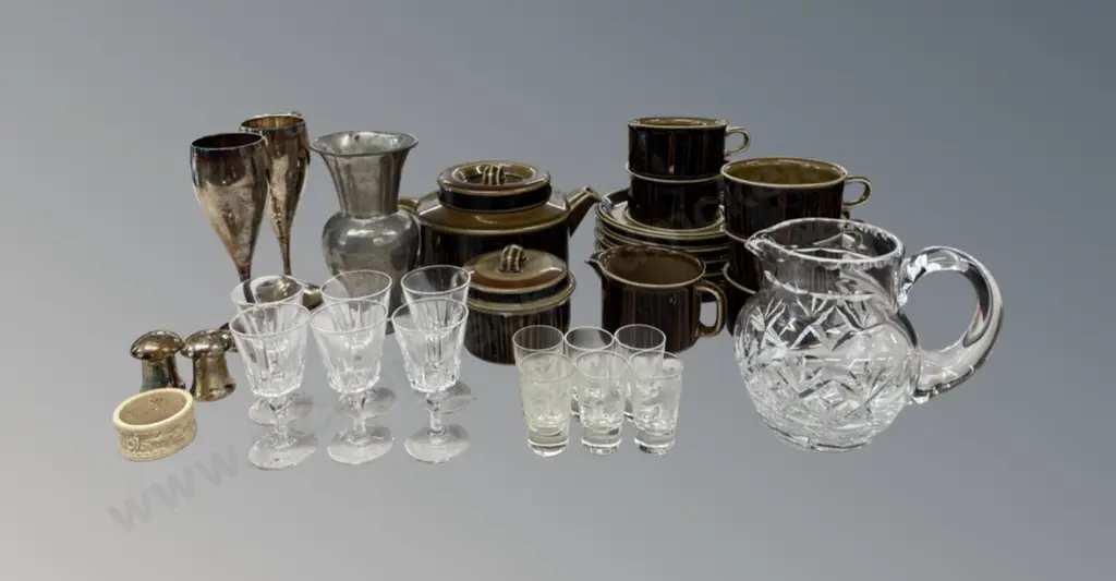 Two Sets of Six Liqueur and Shot Glasses, Arabia Tea Set AF, bone napkin ring, Pewter Vase, Webb Corbett Crystal Jug Image 1++