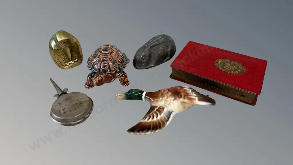 Brass Kiwi, Lead Hare, Wade Turtle Trinket Box, Duck Wall Hanging, Post Office Money Box and Oiler Image 1++