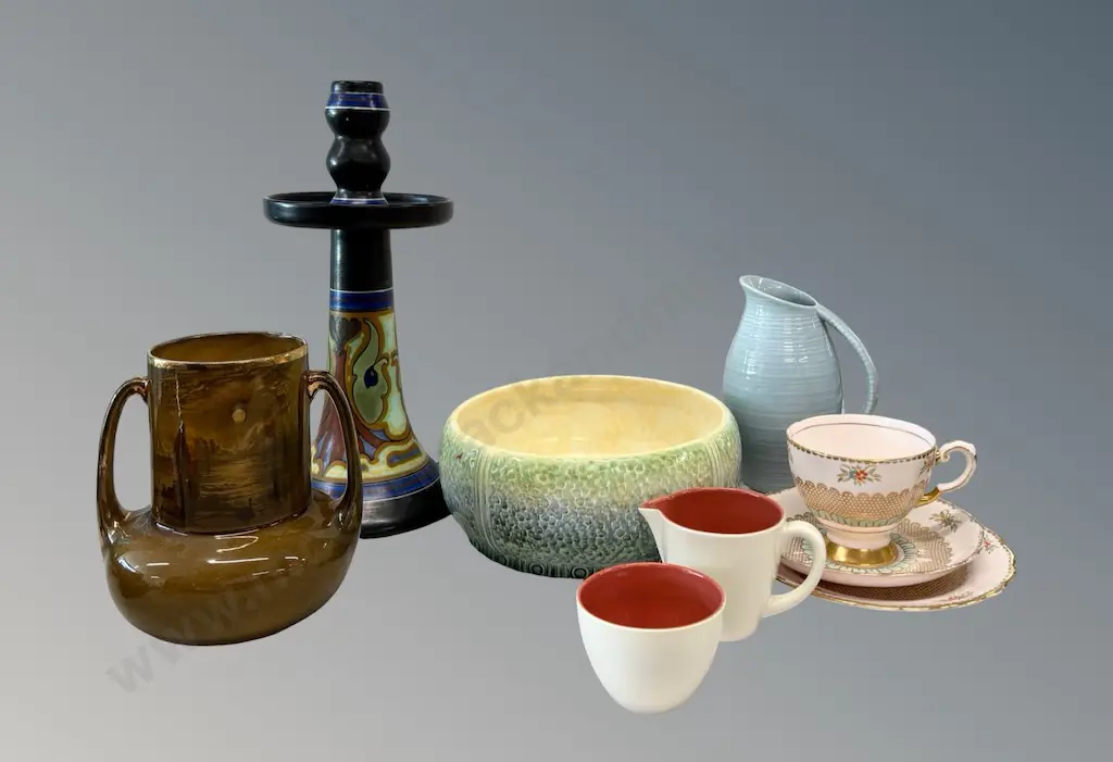 Schoonhoven, Holland Candlestick (chip) Sylvac Bowl, Poole Creamer and Sugar, Trio and Vase Image 1++