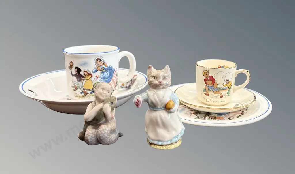 Crown Lynn Nursery Rhyme Series Cups, Saucers, Bowl and Beswick Tabitha Twitchett and Copenhagen Mermaid Image 1++