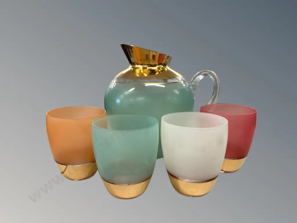 Art Deco Frosted Glass and Gilt Jug and 4 Tumblers, Jug H17cm (chip to Jug) Image 1++