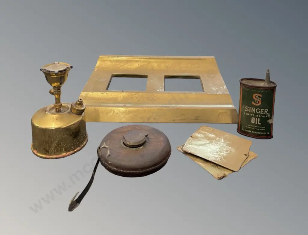Brass Primus No.71, Leather Bound Rabone Measuring Tape, Singer Oil Can & Heavy Brass Stand Image 1++