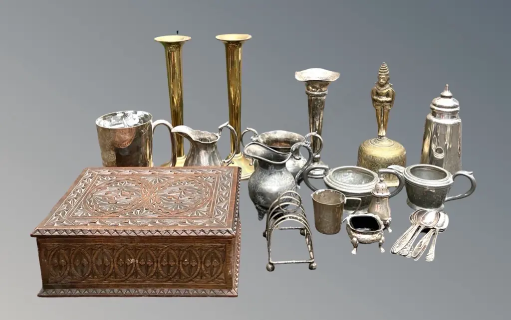 Pair of Brass Candlesticks, Heavy Brass Bell, Silver Jugs, Carved Wooden Box, Pewter, etc Image 1++