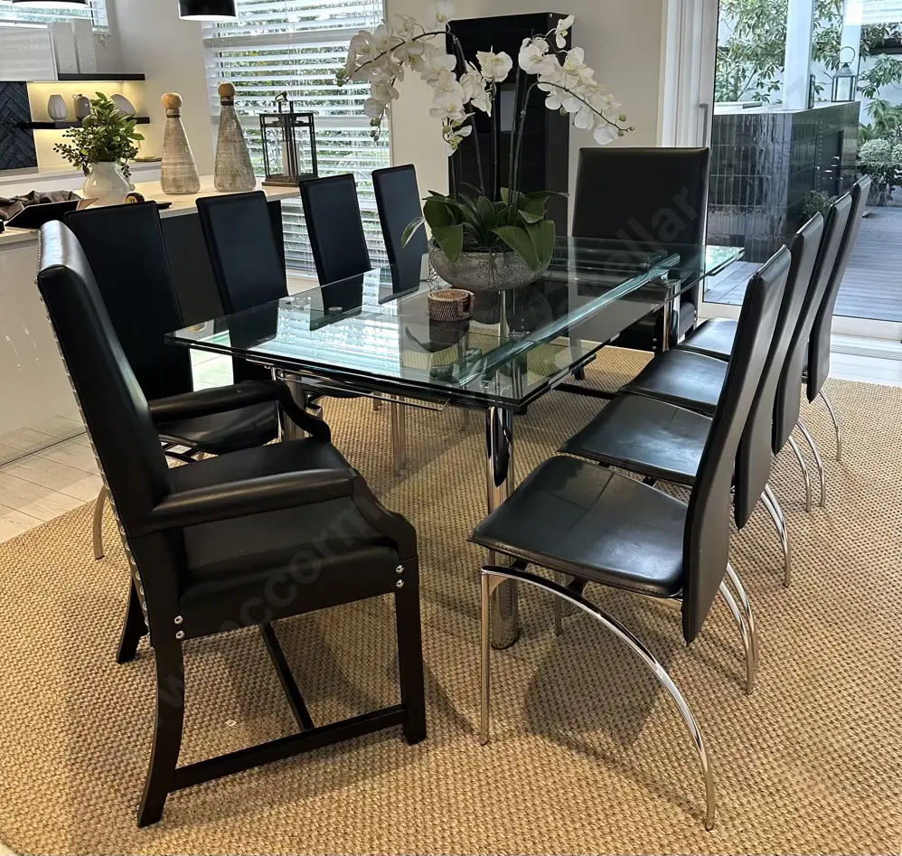 Two Leather Armchairs and Black Leather with Chrome Base Dining Chairs Image 1++