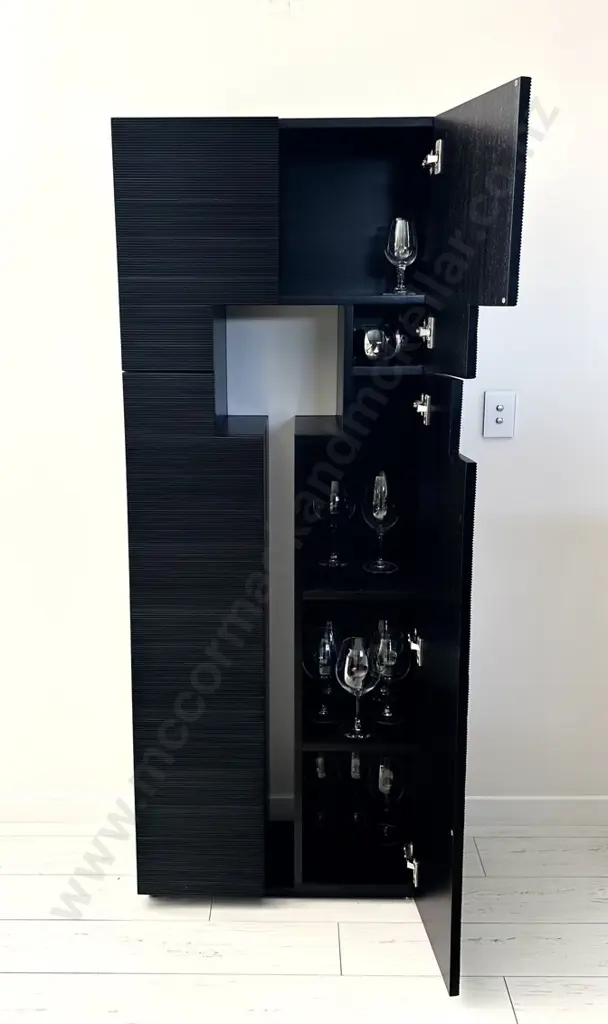 Contemporary Ribbed Dark Wood Cocktail Cabinet - contents not included H178xW67xD32cm Image 1++