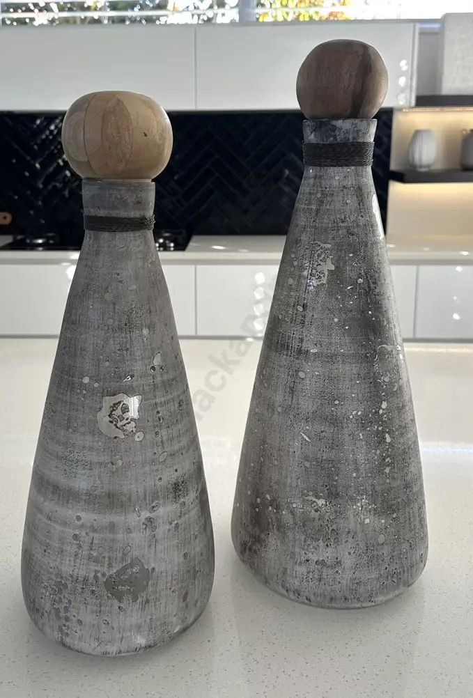 Pair of Dusted Glass Bottles with Wooden Toppers H52-56cm Image 1++