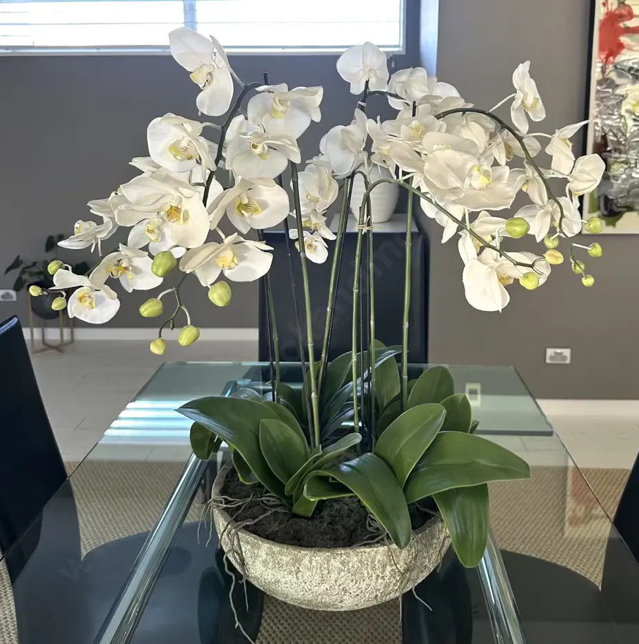 Large Circular Planter with Faux Orchids Image 1++