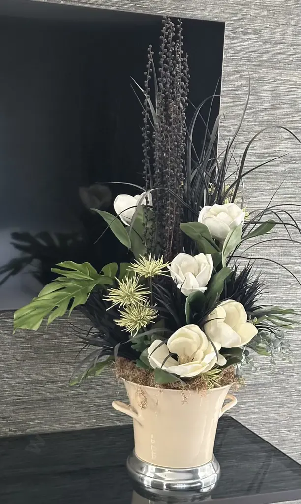Chrome Based Ceramic Twin Handled Planter with Faux Foliage Image 1++